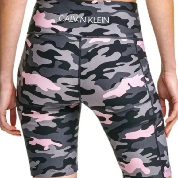 CALVIN KLEIN Pink Gray & Black Camo Print Stretch Biker Shorts Yoga Gym Size S - Picture 1 of 9